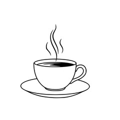 Obraz premium Minimalist black line art of a steaming coffee cup and saucer hot beverage