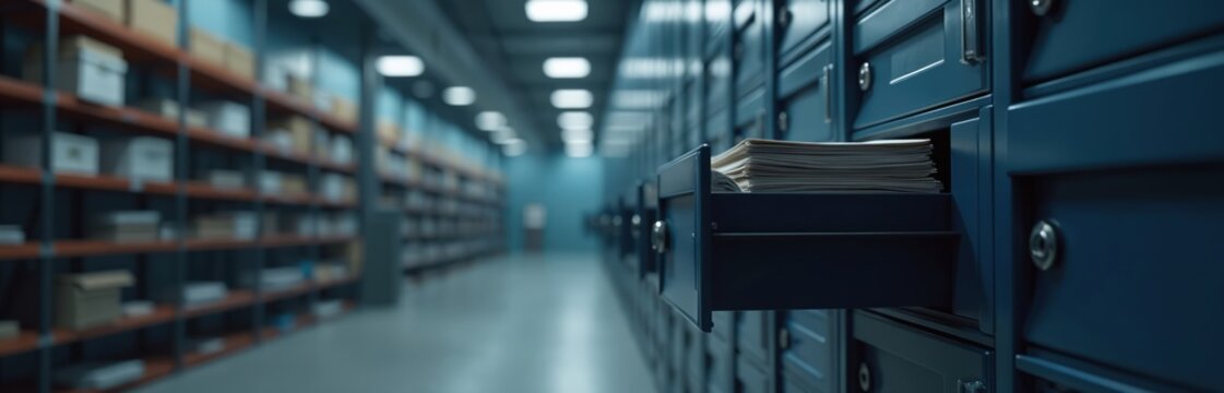 Rows of metal lockers hold stacks of paper documents. Shelves with cardboard boxes fill background. Secure archive room for data storage organization.