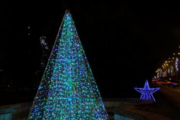 Christmas tree and decorations along Unirii Boulevard in Bucharest