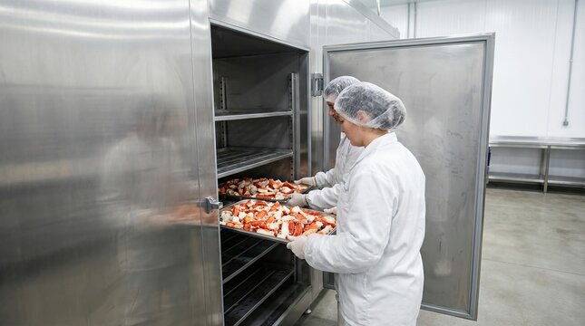 Two women, food workers, placing trays of processed crab meat into an industrial freezer for preservation. Seafood processing and storage facility interior for crab fishing.