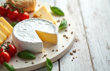 Assortment of cheeses on round board. Fresh cherry tomatoes and green basil leaves. Delicious cheese platter arranged on rustic white wood table.