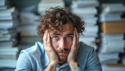 Man with curly hair holds head in hands, looks stressed. Tall stacks of paper surround him in office. Feeling overwhelmed, struggling with workload, mental health crisis.