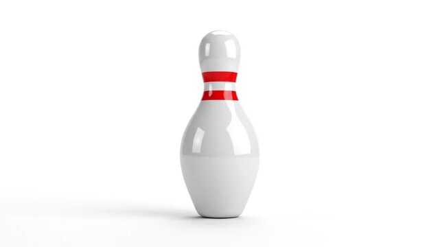 Classic white bowling pin with red stripes, standing upright and isolated on a clean white background, ready for a strike.