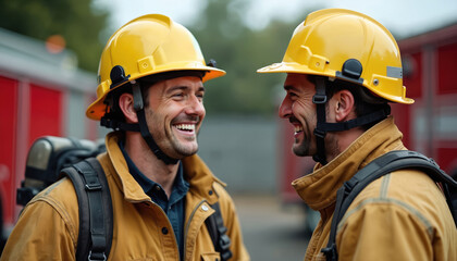 Two smiling firefighters in yellow helmets and tan jackets share a moment of laughter outdoors near fire trucks. They wear breathing apparatus packs. Their strong bond and teamwork is evident.