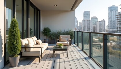 Naklejka premium Modern balcony with sofa and chair offers city view. Outdoor furniture with plants, glass railing on apartment terrace. White wooden floor planks.