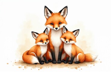 Obraz premium Watercolor painting of a mother fox and two kits sitting together on white background. Cute animal family illustration for children books. Adorable furry creatures in nature art style.