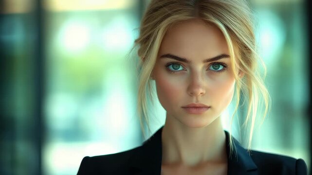 The Confident Gaze: A captivating portrait of a confident woman with striking blue eyes and blonde hair, emanating poise and strength. Her direct gaze conveys determination and focus.
