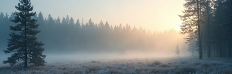 Obraz premium Misty forest clearing at dawn with sunbeams filtering through trees. Tall pine trees stand in a field covered with light frost. Gentle light creates calm atmosphere in nature.