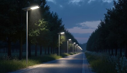 Modern solar streetlights illuminate park pathway at dusk. Clean energy lights line road through dark trees. Evening ambiance with safe outdoor lighting.