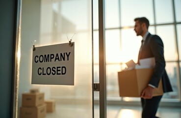 Man in suit carries box leaving closed company office. Sign on glass door announces business closure. Empty boxes outside, reflecting economic downturn.