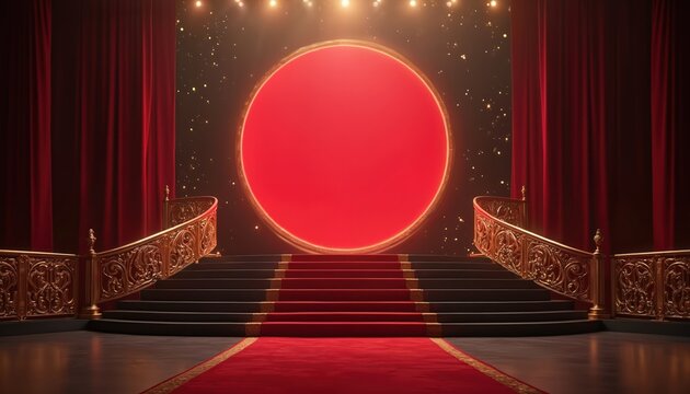 Grand staircase with red carpet leads to glowing red circular portal. Golden ornate railings, red velvet curtains frame opulent scene. Spotlights shine from above on sparkling dark backdrop.