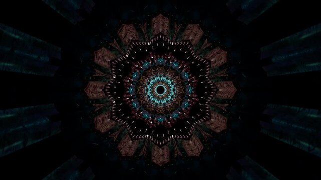 Psychedelic mandala kaleidoscope with bold geometry and vibrant center detail, abstract loop-style background for music visuals, trippy screensavers, immersive rooms, event backdrops, projection vj