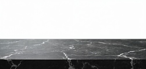 Fototapeta premium Dark veined marble tabletop surface on a white background. This polished stone provides a luxury space for product placement, design mockups, or food photography.
