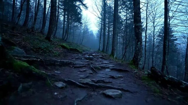 Dark Forest Path Winding Through Misty Woods at Dusk