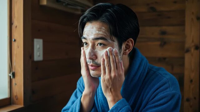 Morning Skincare Routine: A man meticulously applies a face mask, embarking on his daily skincare ritual. capturing a moment of self-care and attention to personal wellbeing.