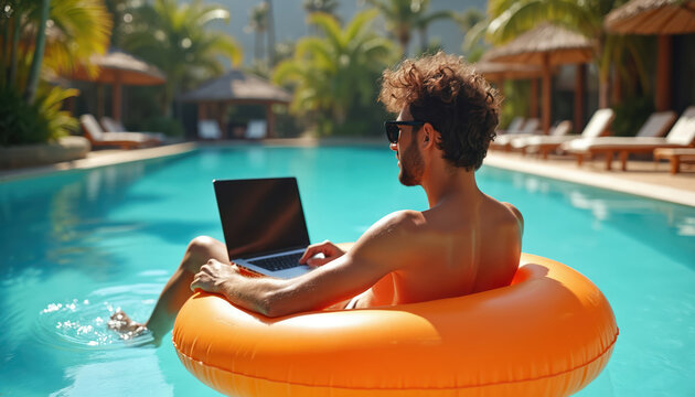 Man with laptop floats on orange ring in pool. He works remotely on vacation near palm trees. Digital nomad enjoys sun and water. Relaxed freelance lifestyle.