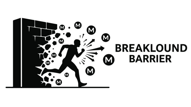Silhouette of person breaking through brick wall with bursting money symbols