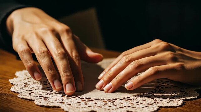 Gentle Hands on Lace: Delicate hands rest gracefully on a lace doily, a picture of tranquility and refinement, with hints of texture and craftsmanship.