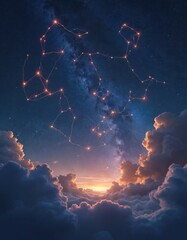 Fototapeta premium Constellation in starry night sky above glowing clouds. Galactic nebula with bright stars and planet. Cosmic background with ethereal light.