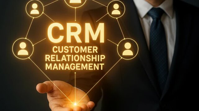 CRM Customer Relationship Management Concept: An elegant business professional showcases the interconnected web of customer relationships.