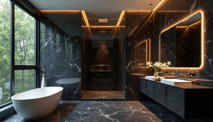 Luxurious bathroom with black marble walls and floor, freestanding tub, glass shower, and double vanity. Modern ambient lighting enhances the opulent and sleek interior design for ultimate relaxation.