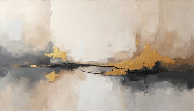 Abstract textured oil painting features beige gray gold colors. Texture art with impasto technique and metallic gold accents. Modern neutral background for decor.