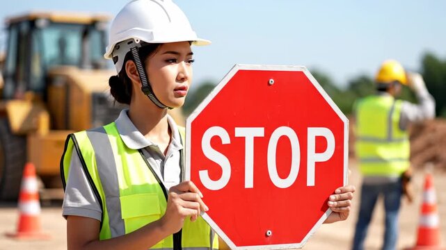 Asian woman traffic controller holding stop sign at construction site with heavy equipment, safety worker concept.
