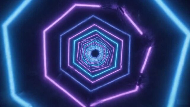 Geometric Neon Tunnel: A mesmerizing visual journey through a futuristic neon tunnel, with repeating geometric shapes illuminated in vibrant shades of blue and purple, creating an immersive.