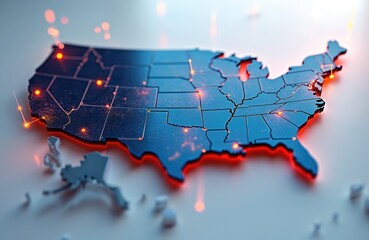 Abstract digital map of USA with glowing points showing connections. Network graphic symbolizes global connectivity and data flow across North America. Futuristic tech theme.