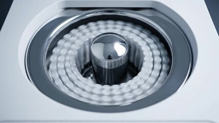 Automated industrial machine processing small white spherical components for precision manufacturing concept and advanced technology