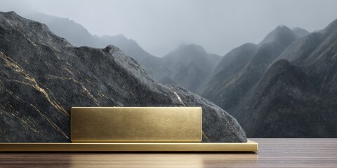 luxury event decor, a luxurious, high-end backdrop and podium template by a top-rated designer featuring dark marble with gold veins and a minimalist walnut podium with brass accents