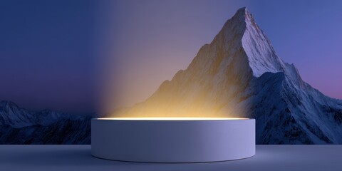 cinematic event design, a cinematic dramatic backdrop and podium with a towering snow-capped mountain and golden light, set on a deep blue and purple gradient text space on podium