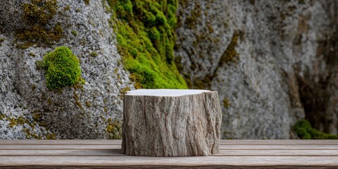 nature-inspired design, a high-quality designers backdrop and podium template with a rugged, naturalistic style it features a photorealistic rock face and a rough-hewn wood podium