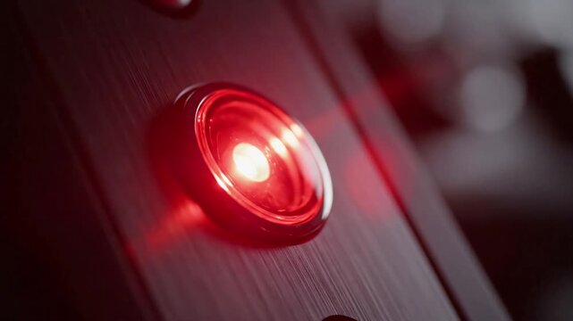 Close up of a bright red warning light pulsating on a dark brushed metal panel for emergency alert concept and critical system status