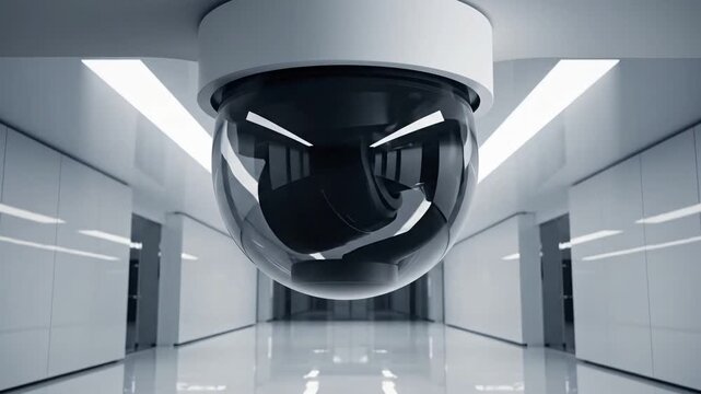 Close up of a dome security camera monitoring a modern, sleek corporate hallway for security and surveillance concept with futuristic design