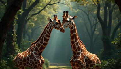 Two giraffes nuzzle necks in a misty forest pathway. Tall trees form a natural canopy. Sunlight filters through the leaves. Gentle giants show affection.