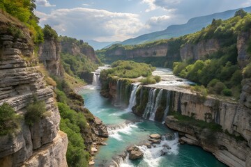 Fototapeta premium Osumi Canyon Albania wild nature landscape travel tourism destination adventure rafting river gorge cliffs outdoor vacation advertising promotion scenic exploration journey Europe Balkan wilderness