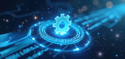 Digital gear icon with binary code suggests system update or software upgrade. Abstract tech background with glowing lines and particles implies progress and innovation in cyberspace.