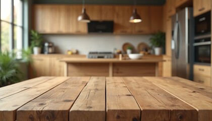 Fototapeta premium Empty wooden table in modern kitchen. Wooden cabinets, stainless steel fridge, and stove visible in soft focus background. Natural light streams through window.