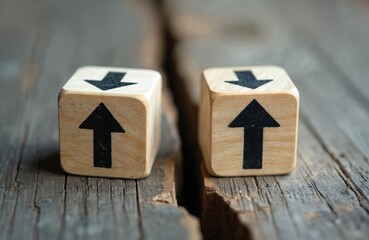 Two wooden cubes with arrows on aged planks. One shows up, other down, symbolizing choice, direction, contrast, and divergent paths forward or backward.