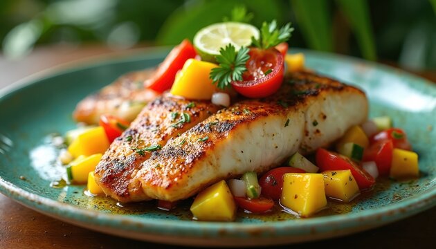 Two pieces of grilled fish served on turquoise plate with colorful salsa made of mango, tomatoes, cucumber. Fresh herbs, lime garnish meal. Dish perfect for healthy tropical lunch dinner option.