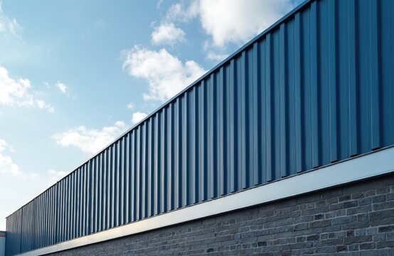 Grey brick building exterior with deep blue metal siding above. White flashing layer separates brick and metal. Blue sky with clouds forms background. Modern architecture detail.