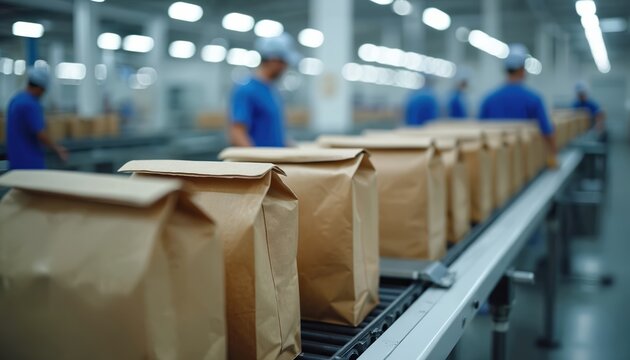 Automated factory line moves paper bags for food delivery. Workers in blue shirts oversee packaging process. Modern efficient manufacturing for fast service and supply chain logistics.