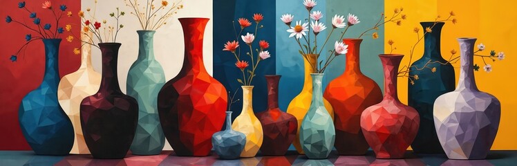 Collection of geometric vases with delicate flowers stand against colorful striped backdrop. Various sized vessels hold sparse branches and blossoms in bright hues. Modern still life art arrangement.