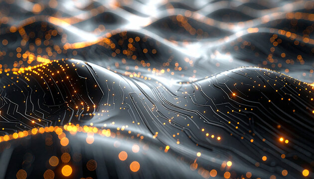 Digital Landscape of Connections: A mesmerizing composition showcasing a network of circuits and glowing data points, creating a dynamic visual representation of the digital world. - Powered by Adobe