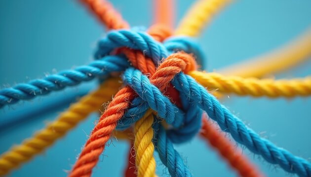 Colorful ropes tied together in knot, showing interdependence and unity. Abstract concept of connection, teamwork, and support. Intertwined strands form strong bond against blue background.