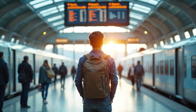 Young man with backpack checks train schedule at station platform. People walk near train cars under bright departure board. Traveler prepares for journey.