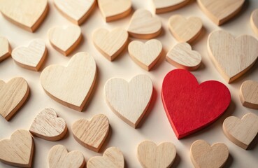 Obraz premium Collection of light wood hearts arranged on a pale surface with one bright red heart prominent. Natural texture background for love, romance, and Valentine Day celebration concepts.