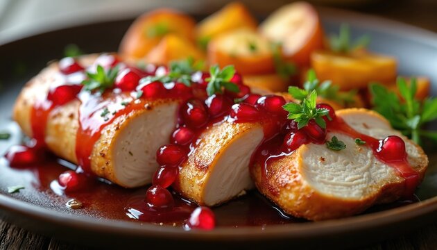 Sliced roasted chicken breast with pomegranate glaze and herbs. Colorful roasted root vegetables served on dark plate. Delicious meal presentation. Juicy poultry dish. Culinary art.