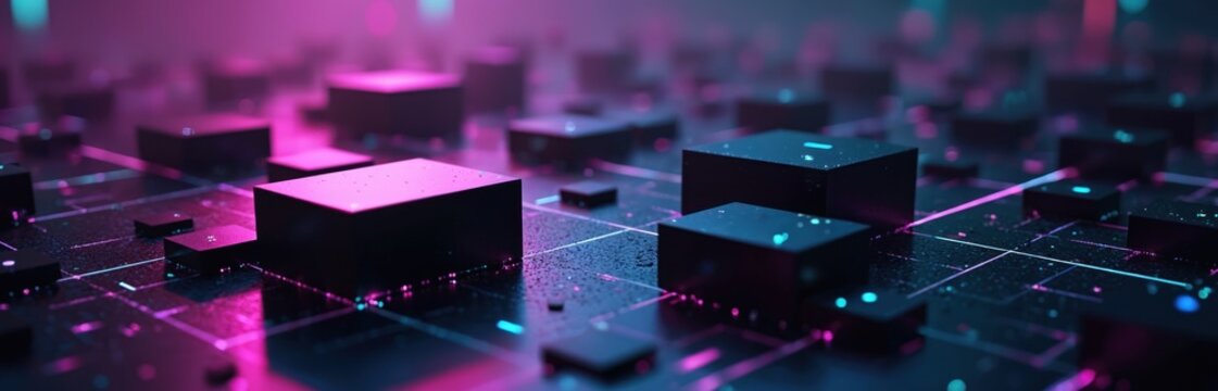 Abstract digital grid with glowing neon lines and cube shapes. Futuristic technology circuit board pattern, vibrant purple and blue lights. Sci fi data stream motion blur background. - Powered by Adobe